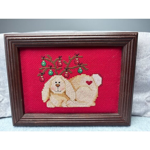 8" x 6"Framed Cross Stitch Bunny Ornament Antlers on Red Background - Picture 9 of 12